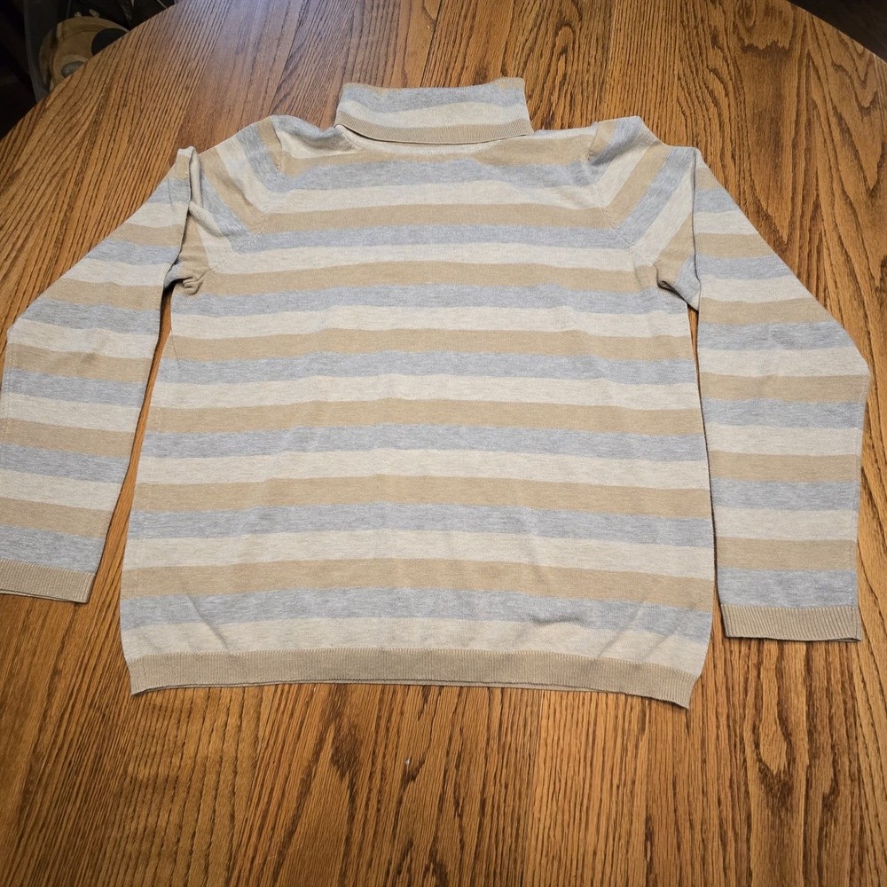 Retrology Knit Sweater Turtleneck Womens SzXL Tan Blue White Striped Long Sleeve